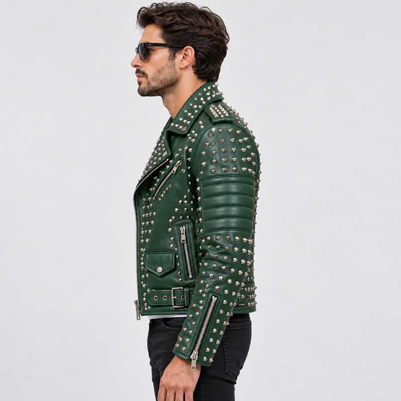 Premium green punk rock leather jacket for men with bold biker inspired details by Jackets Kingdom