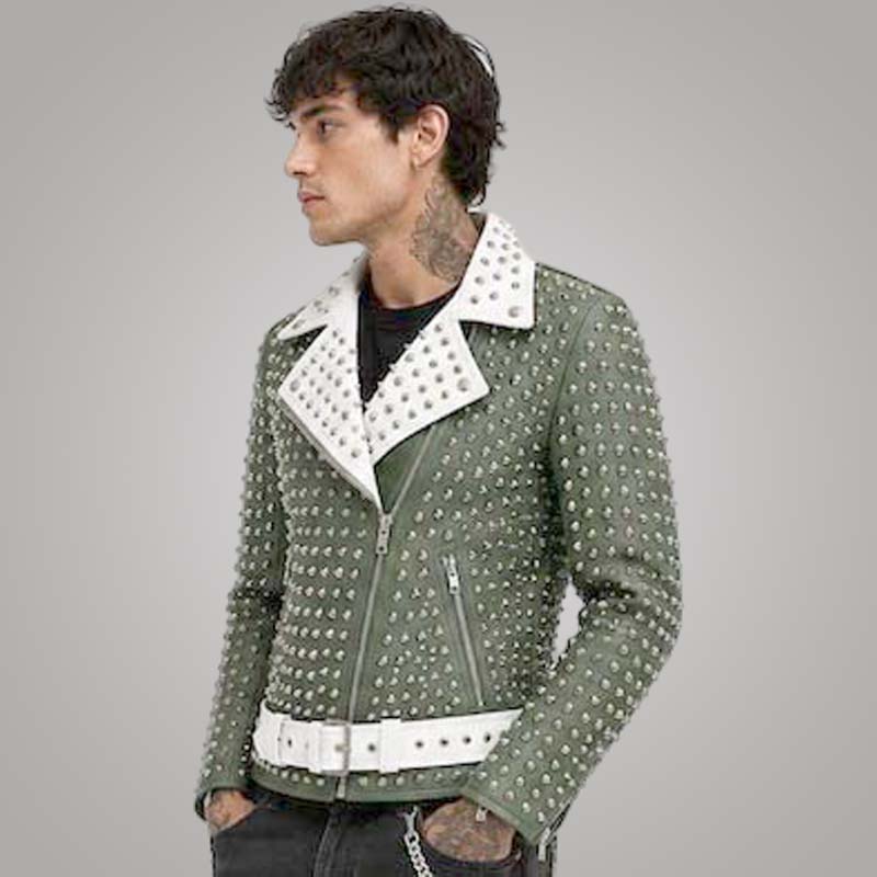 Premium olive green motorcycle jacket made from genuine cowhide leather with silver hardware
