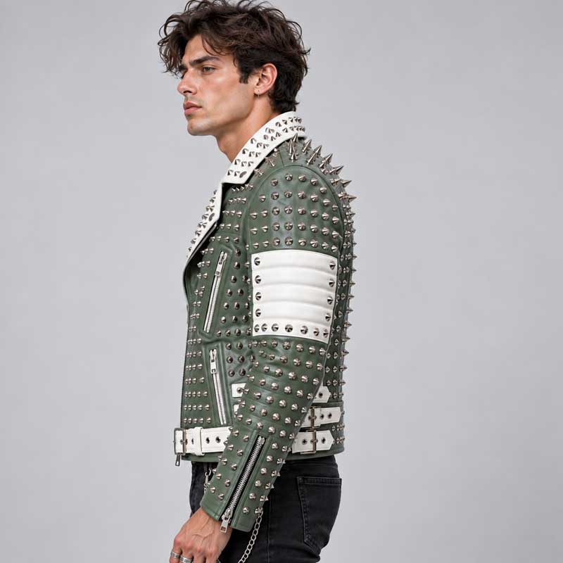 Premium olive green motorcycle jacket made from genuine cowhide leather with silver hardware