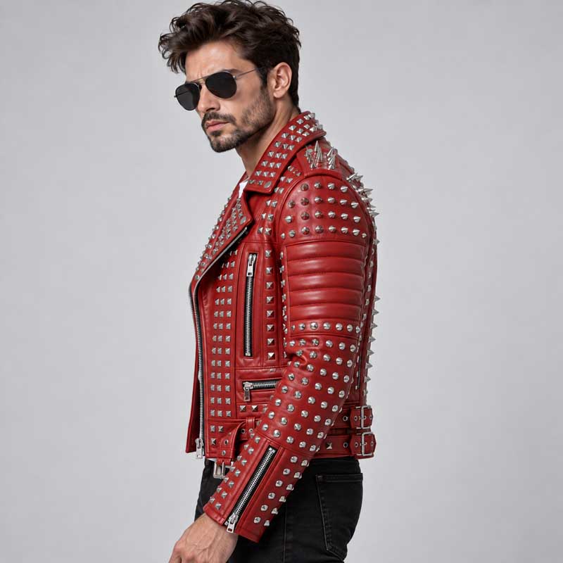Premium red genuine leather jacket with fitted biker silhouette and silver metal spikes.