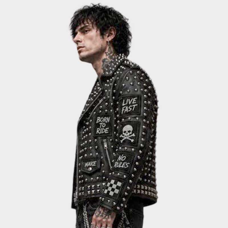 Premium skull patch biker jacket for sale with punk inspired graphics by Jackets Kingdom