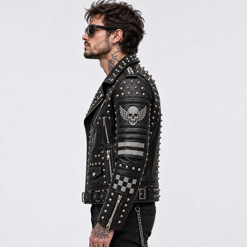 Premium skull patch biker jacket for sale with punk inspired graphics by Jackets Kingdom