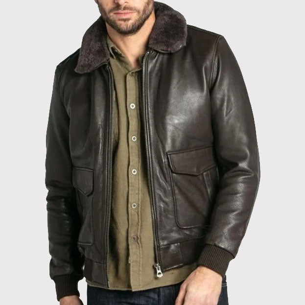 Premium Brown Cowhide Leather Aviator Bomber Jacket