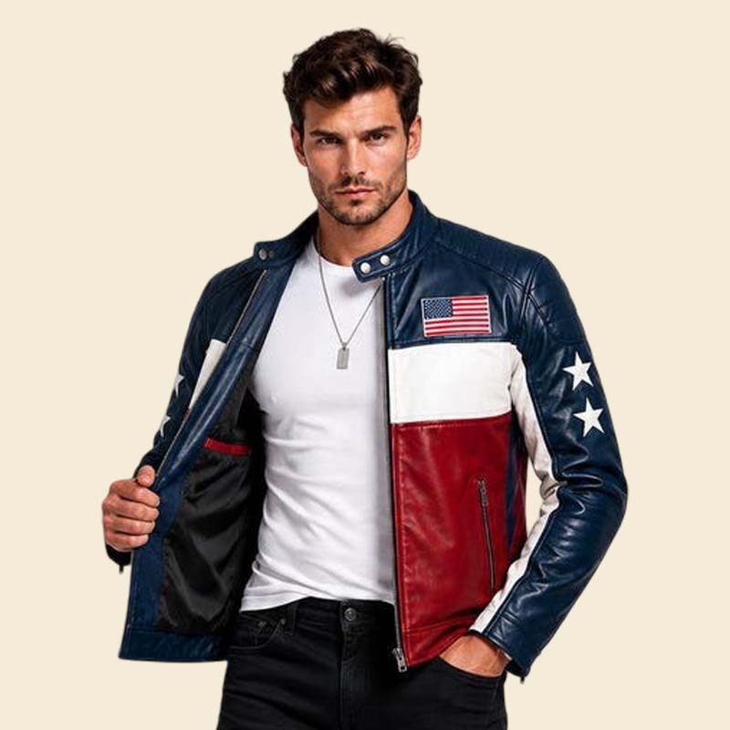 Premium USA flag leather motorcycle jacket for sale by Jackets Kingdom