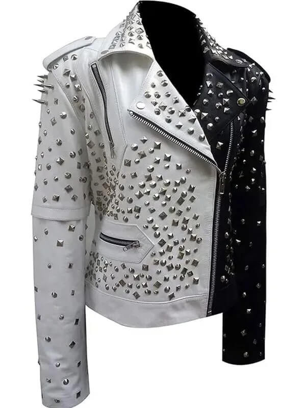 Women's Black and Silver Spiked Studded Biker Leather Jacket