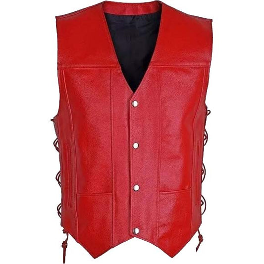 Men’s Motorcycle Biker Red Leather Vest with 10 Pockets Red Leather Motorcycle Biker Vest