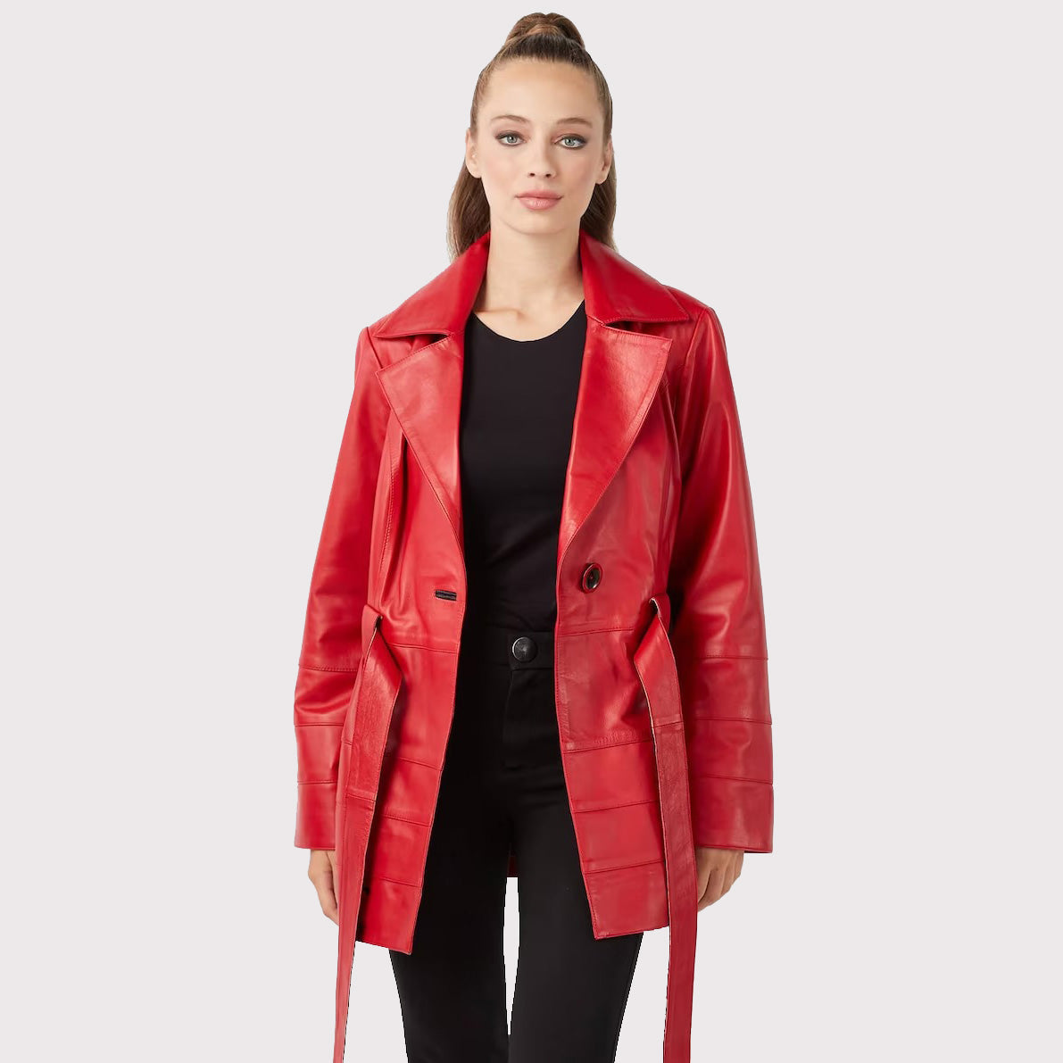 Red Leather Trench Coat for Women