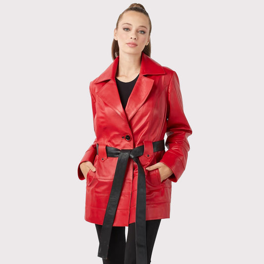 Red Leather Trench Coat for Women Red Leather Trench Coat for Women