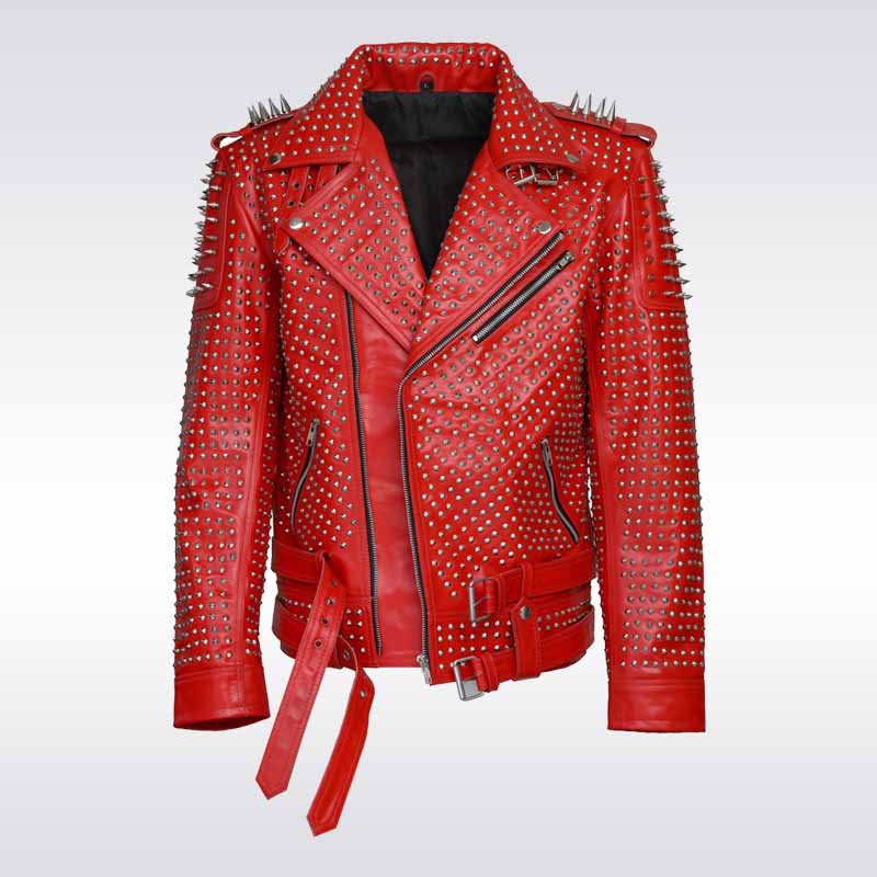 Men’s Red Spiked Punk Leather Jacket - Hand-Studded Rivet Biker Style