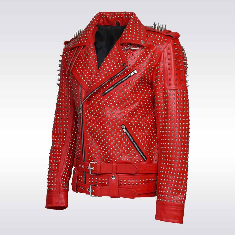 Men’s Red Spiked Punk Leather Jacket - Hand-Studded Rivet Biker Style