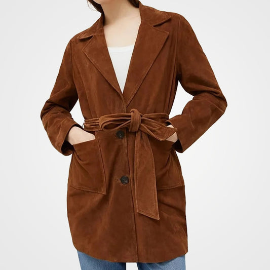 Rust Suede Leather Long Trench Coat - Women's Notched Lapel Elegance Rust Suede Leather Long Trench Coat