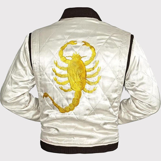 Ryan Gosling Drive Scorpion White Satin Bomber Jacket