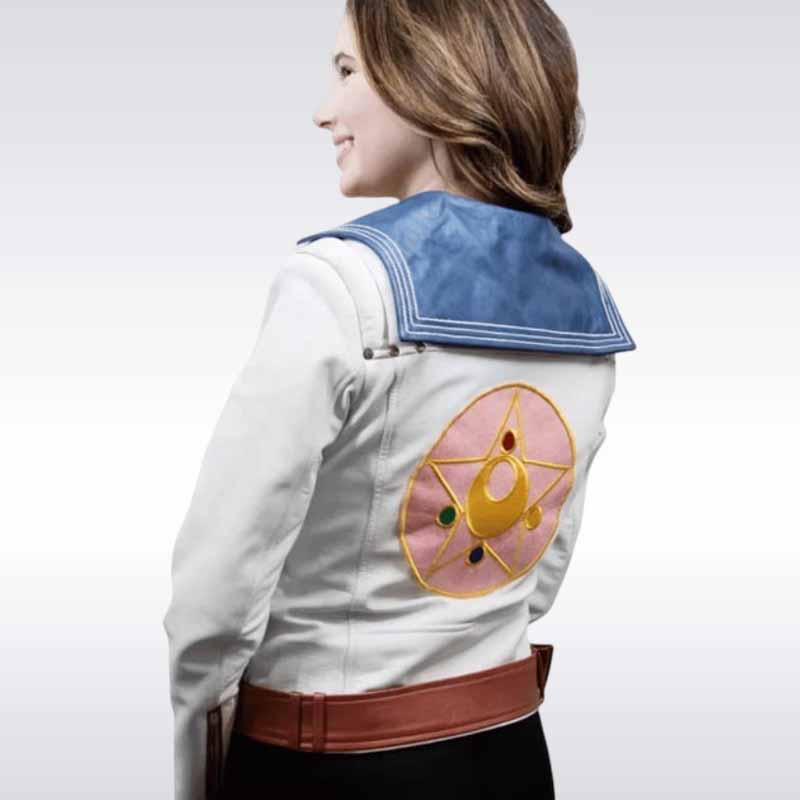 white jacket with a colorful emblem