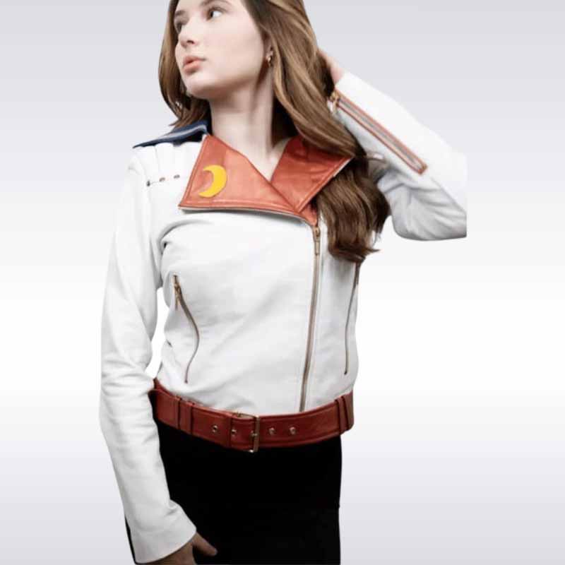 White leather jacket with orange collar and yellow emblem