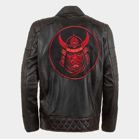Handcrafted black leather jacket featuring Samurai Kanji and crimson warrior helm chest embroidery
