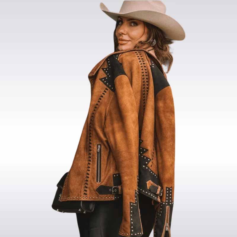 brown leather jacket with black accents and a beige cowboy hat
