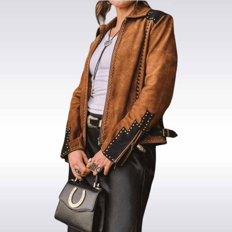 brown suede jacket with studded details