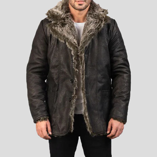 Black Leather Trench Coat with Long Fur
