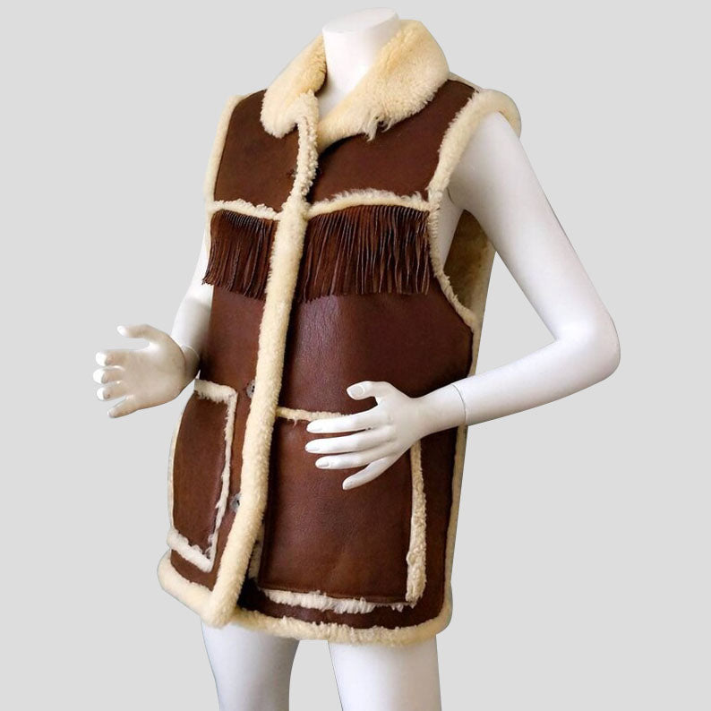 Boho Chic Brown Shearling Fringe Leather Vest