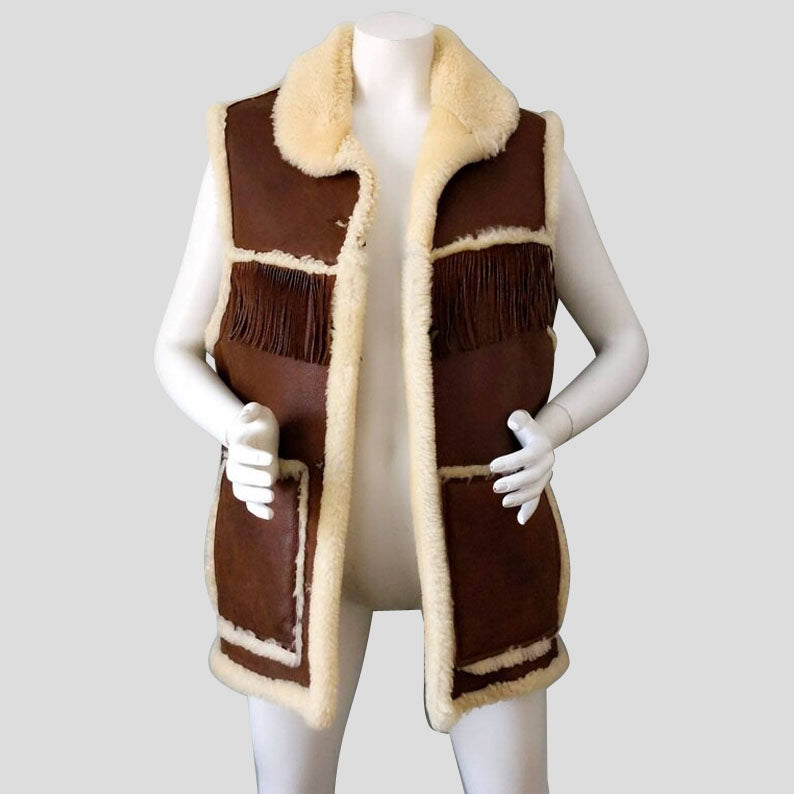 Boho Chic Brown Shearling Fringe Leather Vest