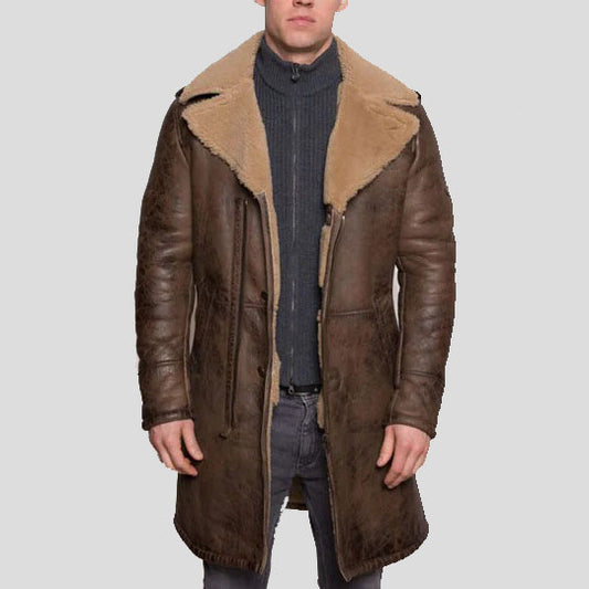 Men's B3 Aviator Sheepskin Shearling Leather Trench Brown Coat Men's B3 Aviator Shearling Leather Trench Coat