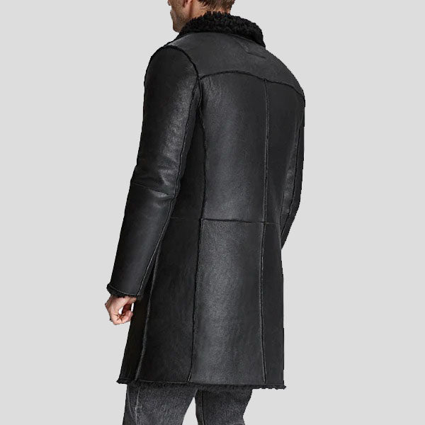 Men's Black Shearling Leather Trench Coat | Black Coat
