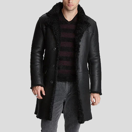 Men's Black Shearling Leather Trench Coat | Black Coat