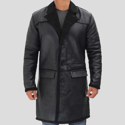 Men's Black Shearling Leather Trench Coat
