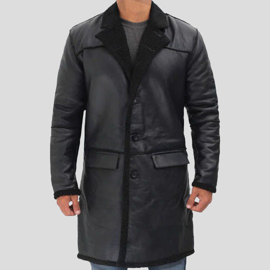 Men's Black Winter Shearling Leather Trench Coat Men's Black Shearling Leather Trench Coat