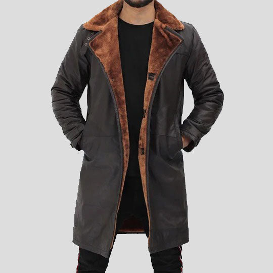 Men's Dark Brown Shearling Leather Trench Coat