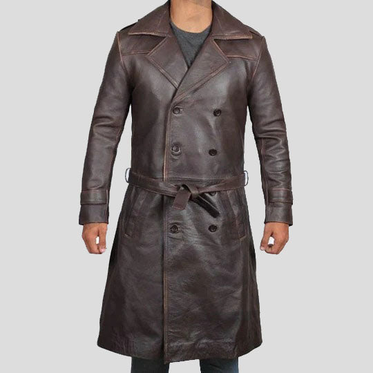 Men's Distressed Brown Long Leather Trench Coat