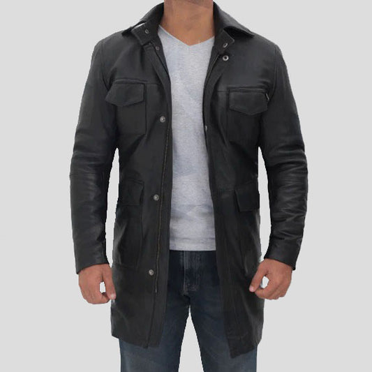 Men's Four Pocket Black Leather Trench Coat Men's Four Pocket Black Leather Trench Coat