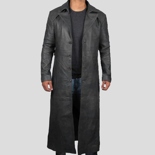 Men's Full Length Black Leather Winter Trench Coat Overcoat Men's Full Length Black Leather Trench Coat
