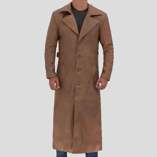 Men's Long Brown Leather Trench Coat