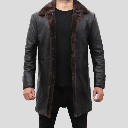 Men's Shearling Lined Black Leather Trench Coat