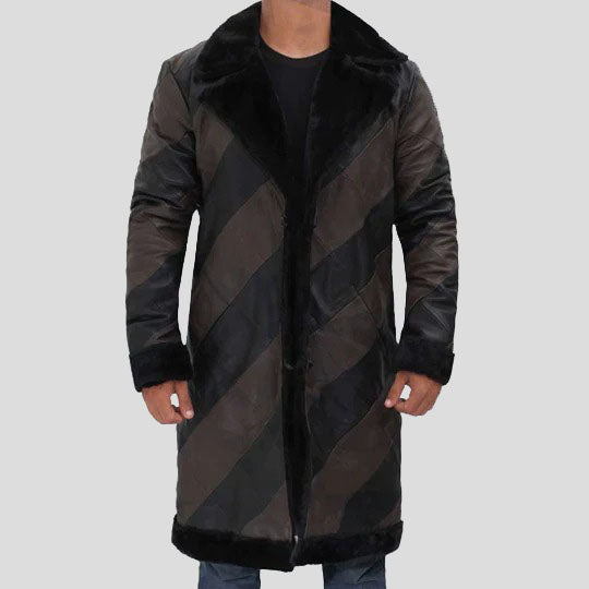 Two Tone Long Men's Shearling Trench Coat