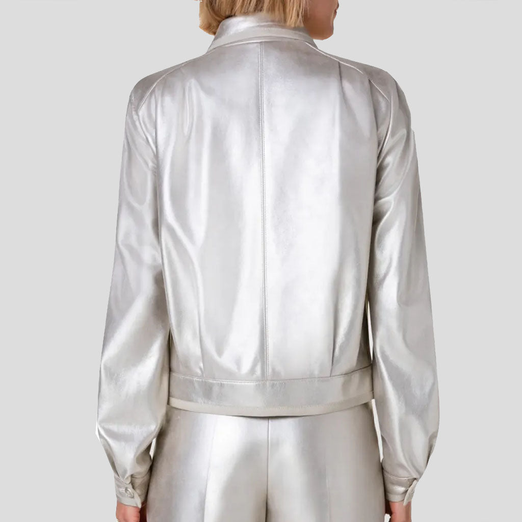 Silver Metallic Puffed Sleeve Leather Shirt for Women