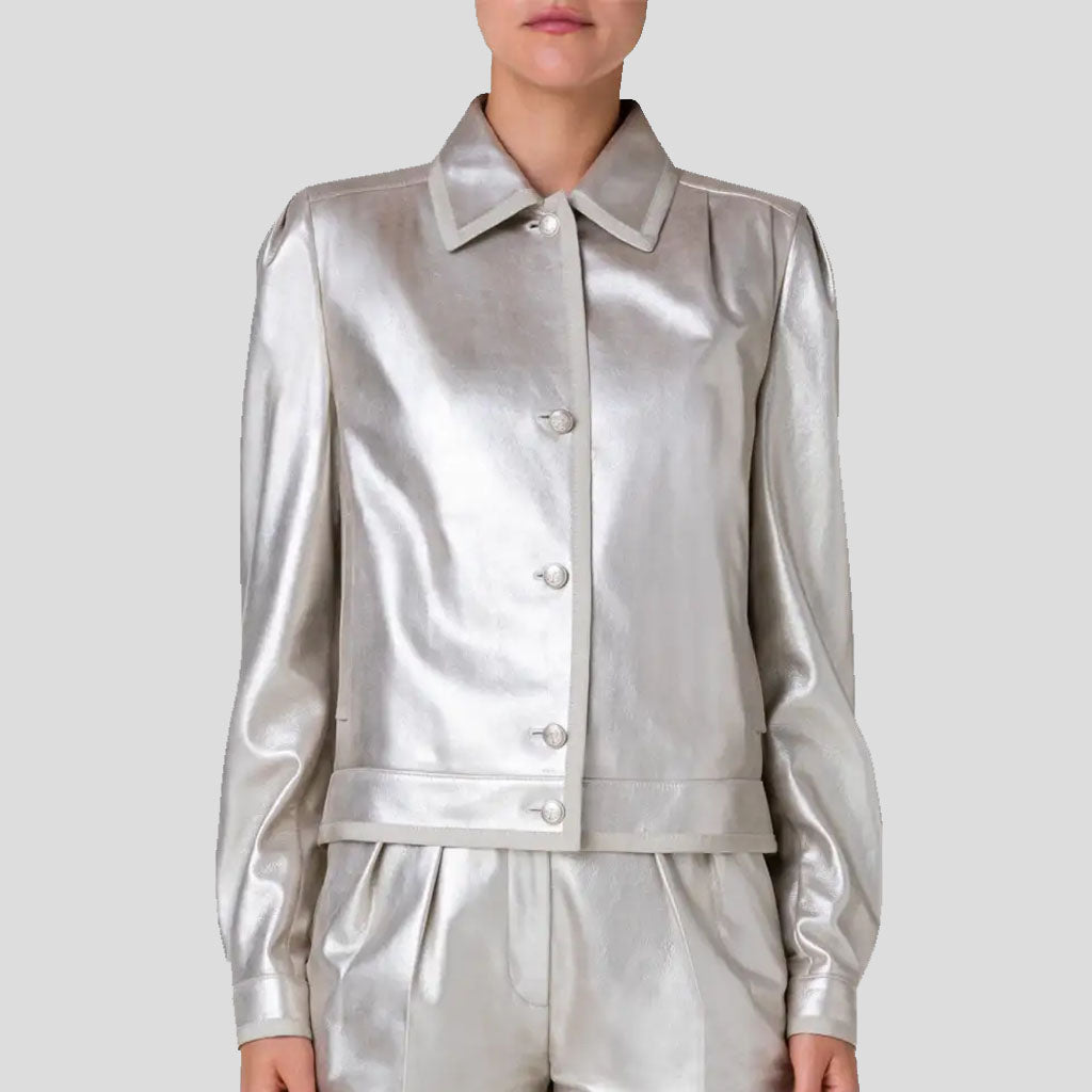 Silver Metallic Puffed Sleeve Leather Shirt for Women