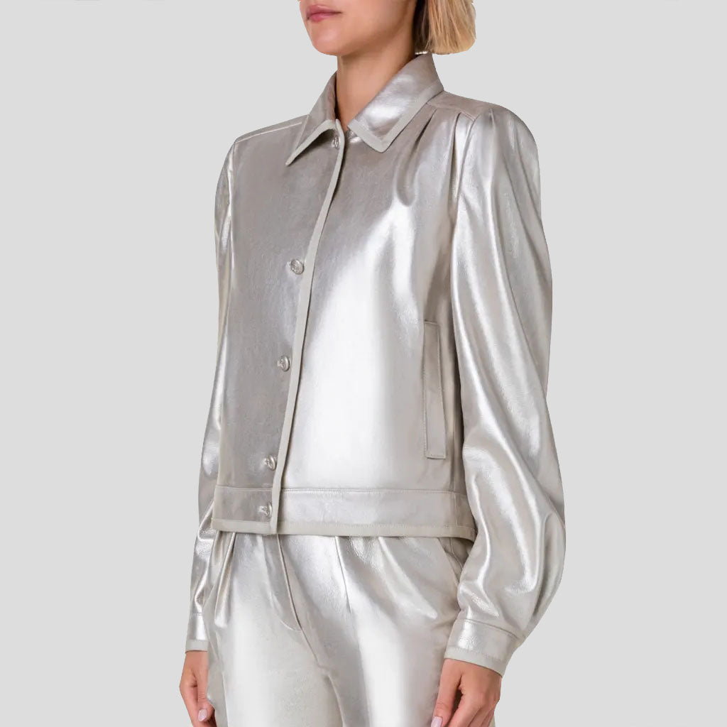 Silver Metallic Puffed Sleeve Leather Shirt for Women