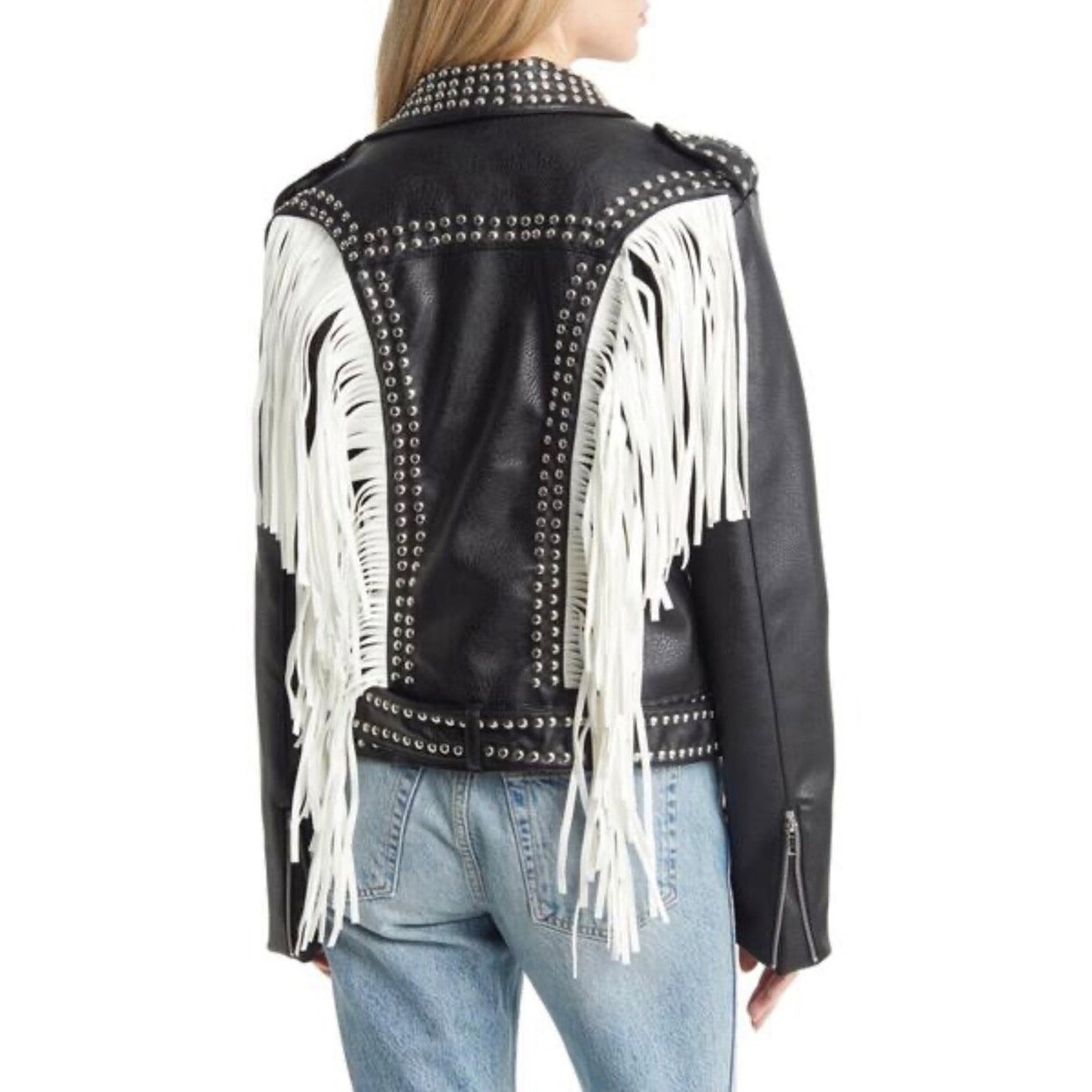 Silver Stud Leather Motorcycle Jacket with White Fringe Trim