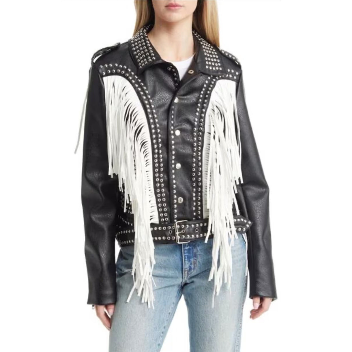 Silver Stud Leather Motorcycle Jacket with White Fringe Trim