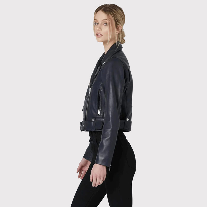 Sleek Women's Blue Leather Biker Jacket