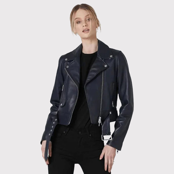 Sleek Women's Blue Leather Biker Jacket