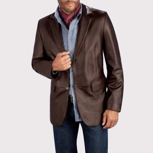 Brown Leather Blazer Coat for Men
