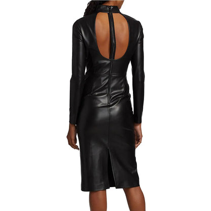 Solid Black Classy Fall Leather Dress