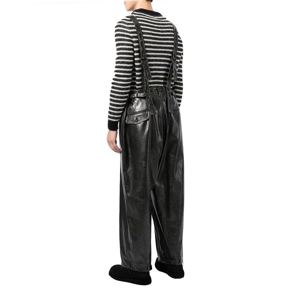 Solid Black Leather Dungaree - Multi-Pockets