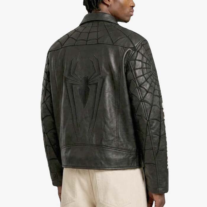Black superhero leather jacket with large embossed Spider-Man logo