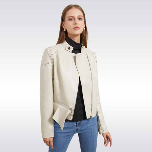 Stand Collar Rivet Leather Jacket - Genuine Zip Style