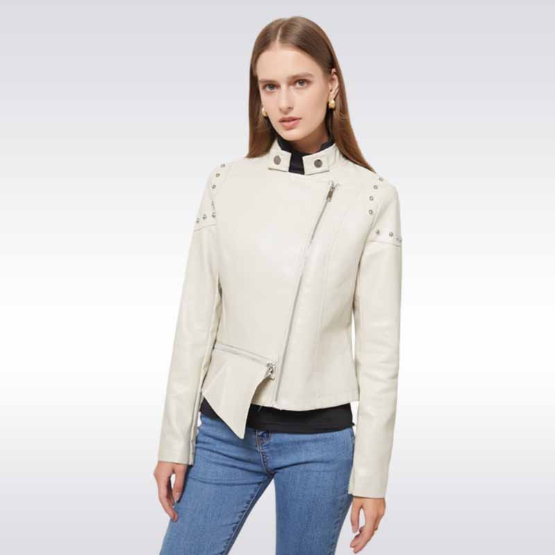 Stand Collar Rivet Leather Jacket - Genuine Zip Style