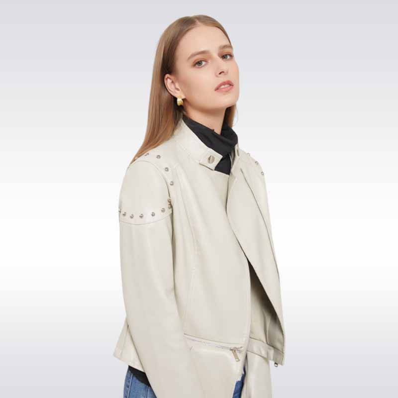 Stand Collar Rivet Leather Jacket - Genuine Zip Style